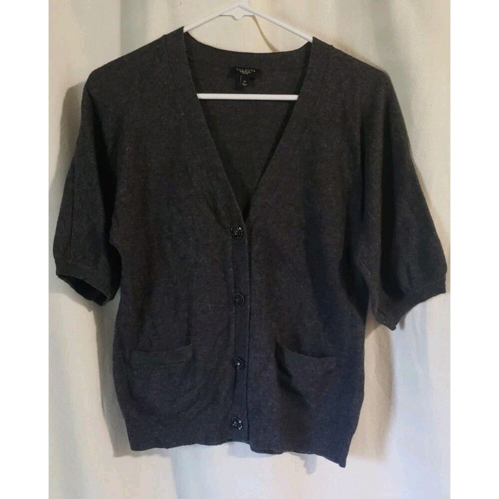 Talbots Cardigan Sweater Womens Medium Black Short Sleeve Lambswool Cashmere